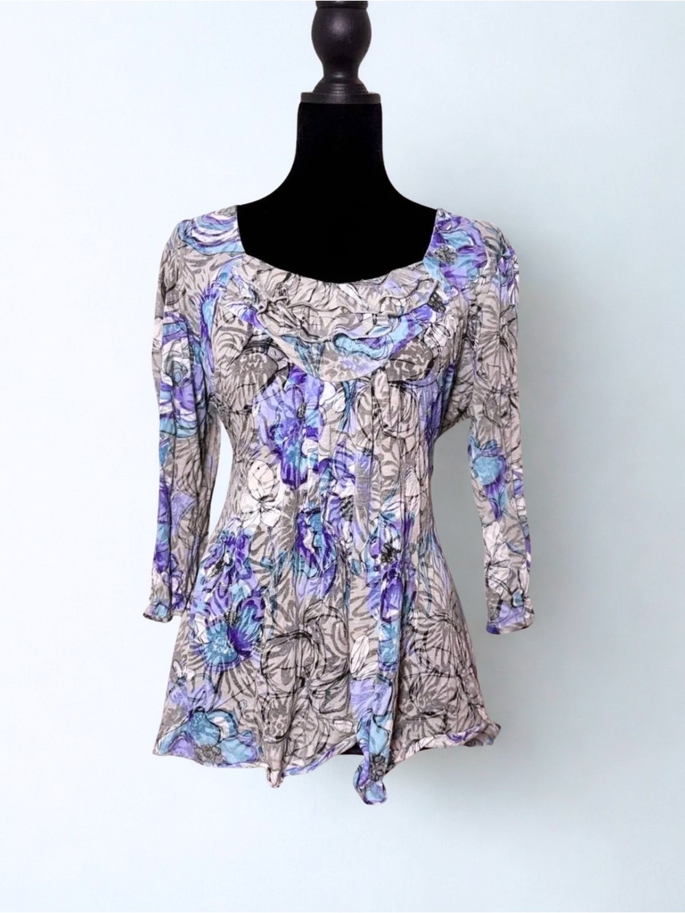 Vtg Y2K Per Una Grey Blue Floral Print Tieback Babydoll Three Quarter Sleeve Top